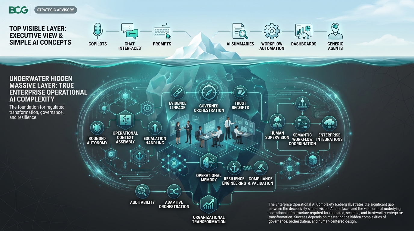 Operational AI complexity iceberg — visible surface concepts vs. massive hidden operational complexity