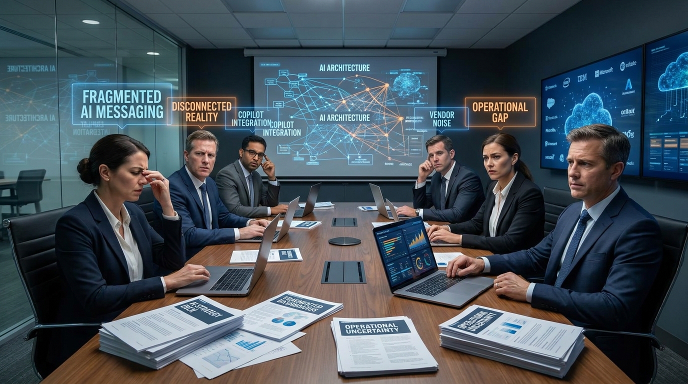 Overwhelmed boardroom with abstract AI diagrams